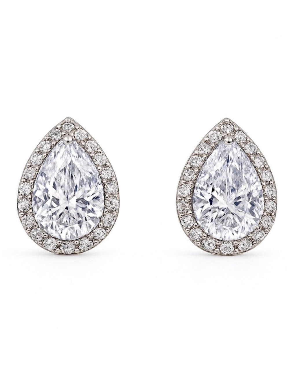 Pear Teardrop Halo CZ Stud Earrings - White Gold Plated Stainless Steel